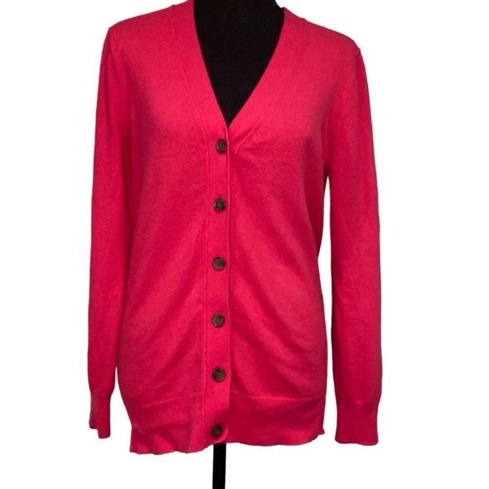 Fuschia pink V neck button down wool blend cardigan J. Crew